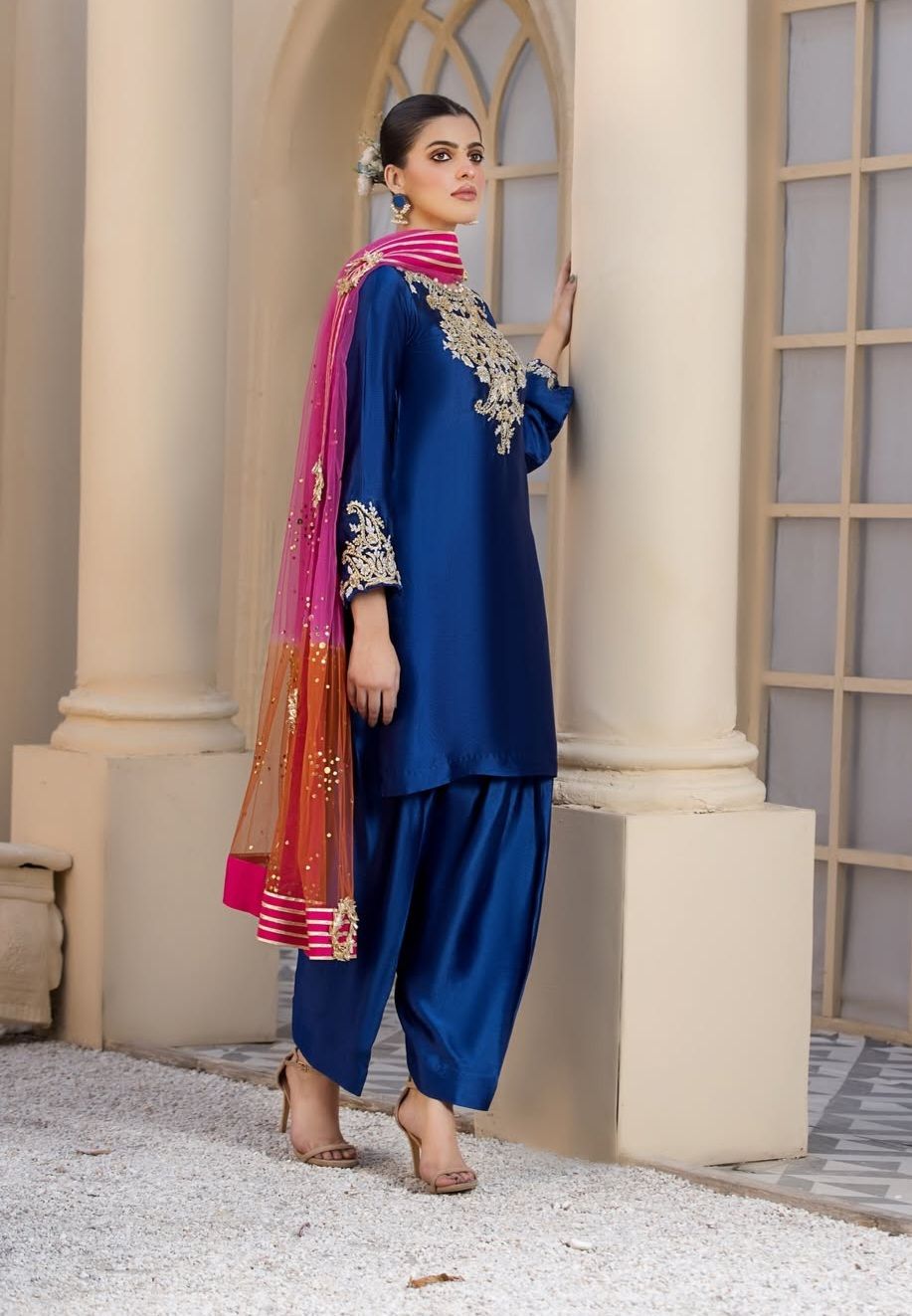 Sapphire Kurta with Gold Details & Colorful Striped Dupatta