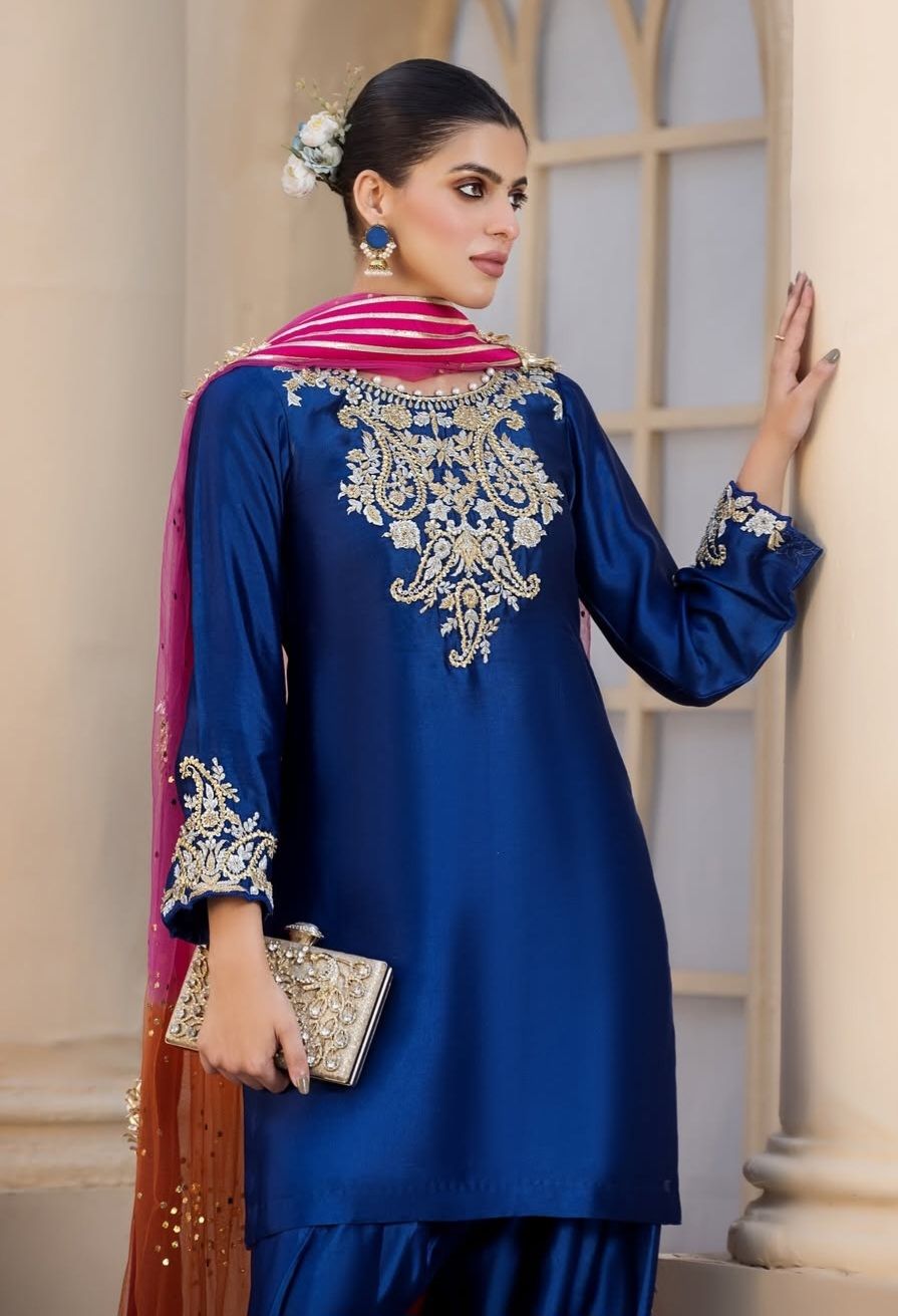 Sapphire Kurta with Gold Details & Colorful Striped Dupatta