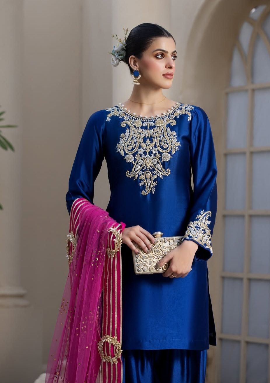 Sapphire Kurta with Gold Details & Colorful Striped Dupatta