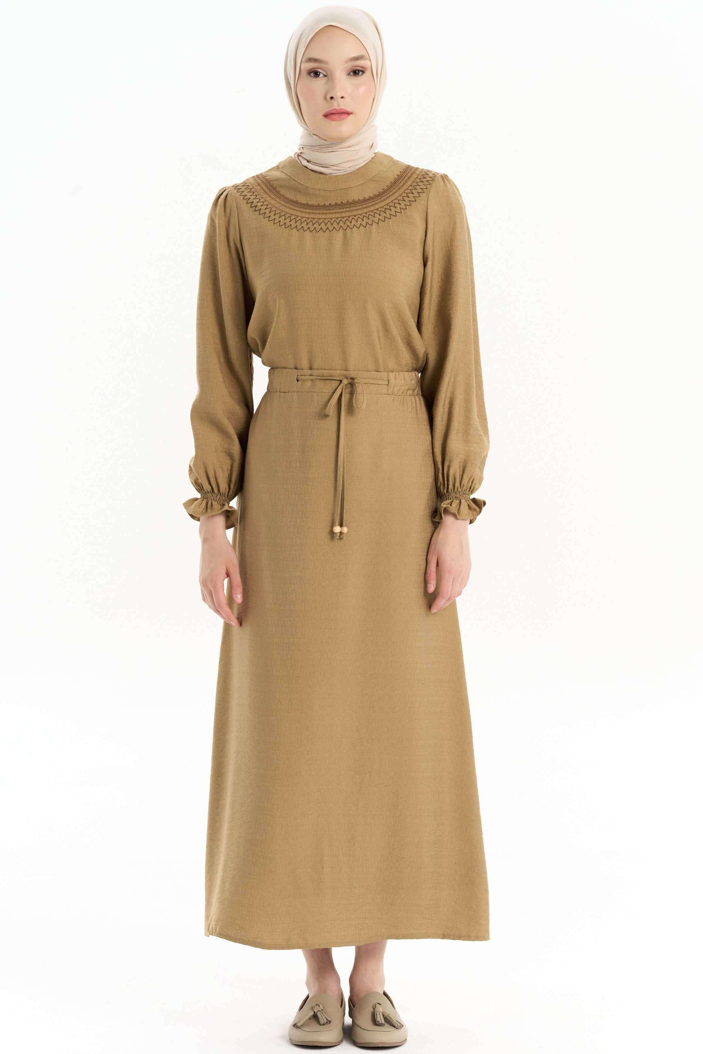 Emerald Raiment Blouse | Skirt Embroidered Detailed Blouse Skirt Set Camel - bf-discount-20 FW '24