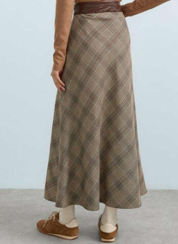 Emerald Raiment Skirt Plaid Leather-Waist Flared Skirt - bf-discount-20 fall FW '24 skirt spring summer turkish winter