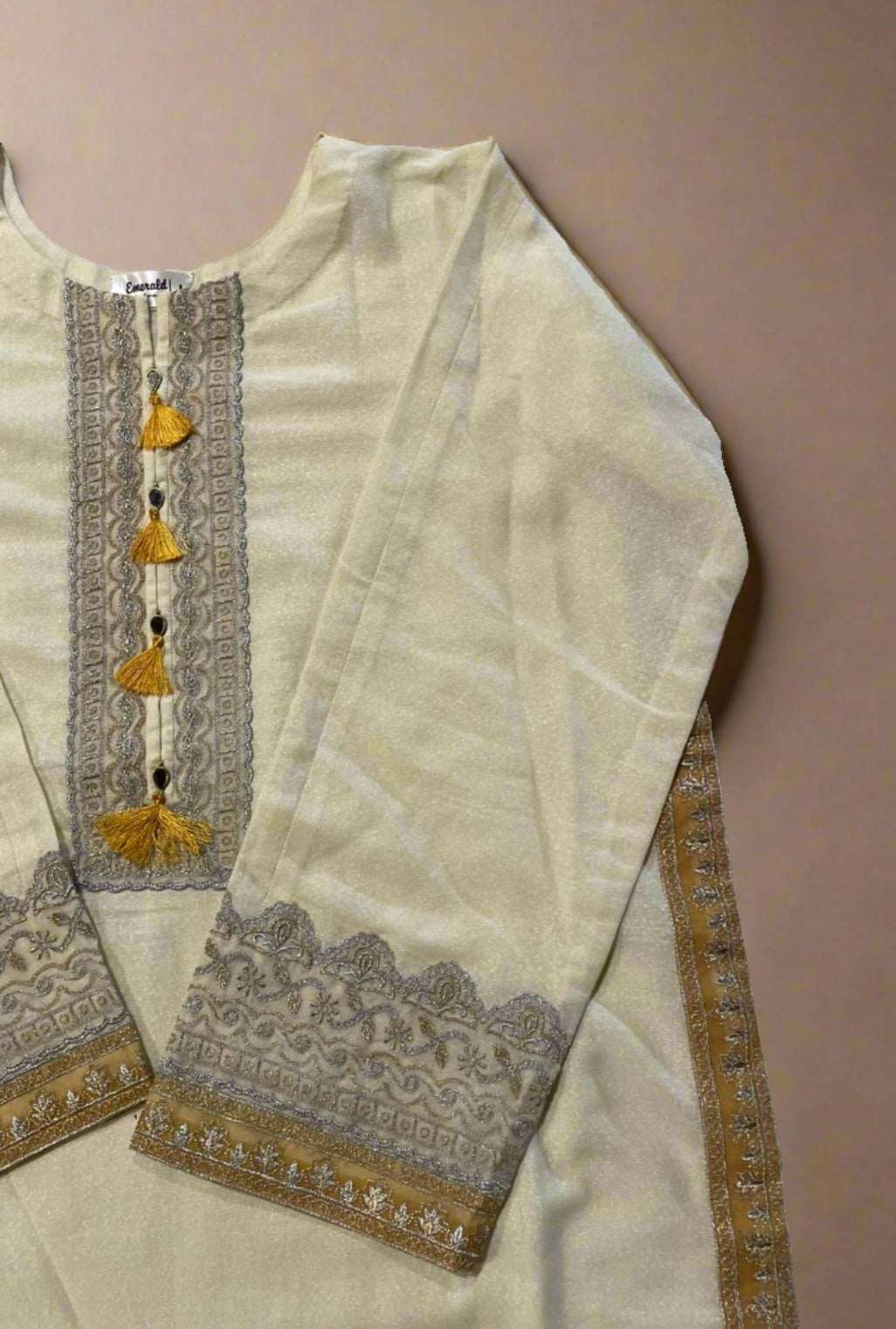 Emerald Raiment Three Piece Suits Gossamer Tilla Set - bareeze bf-discount-50 embroidered karandi three piece tilla white Winter '23 PK Collection