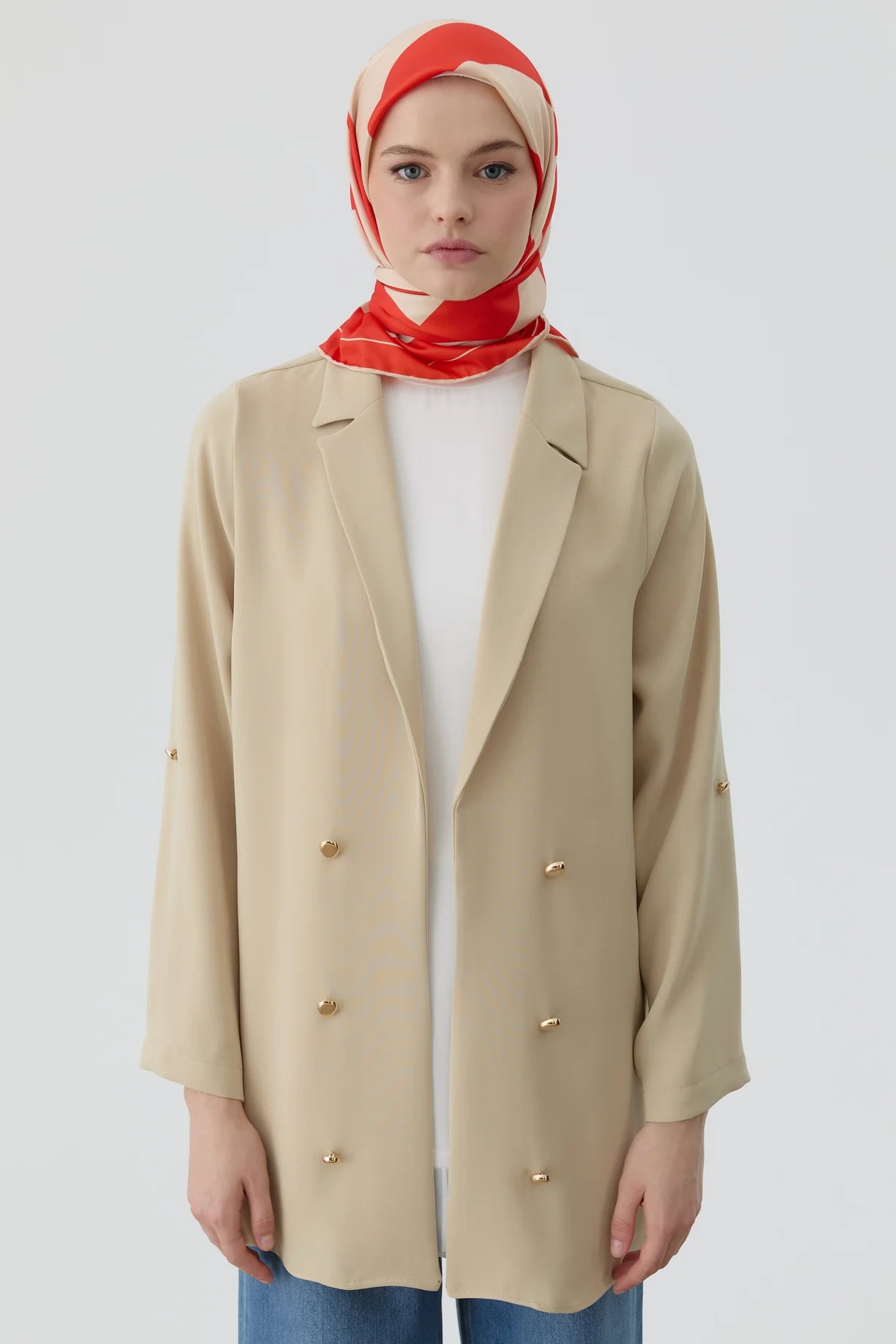 Embroidered Button-Up Jacket with Banded Sleeves