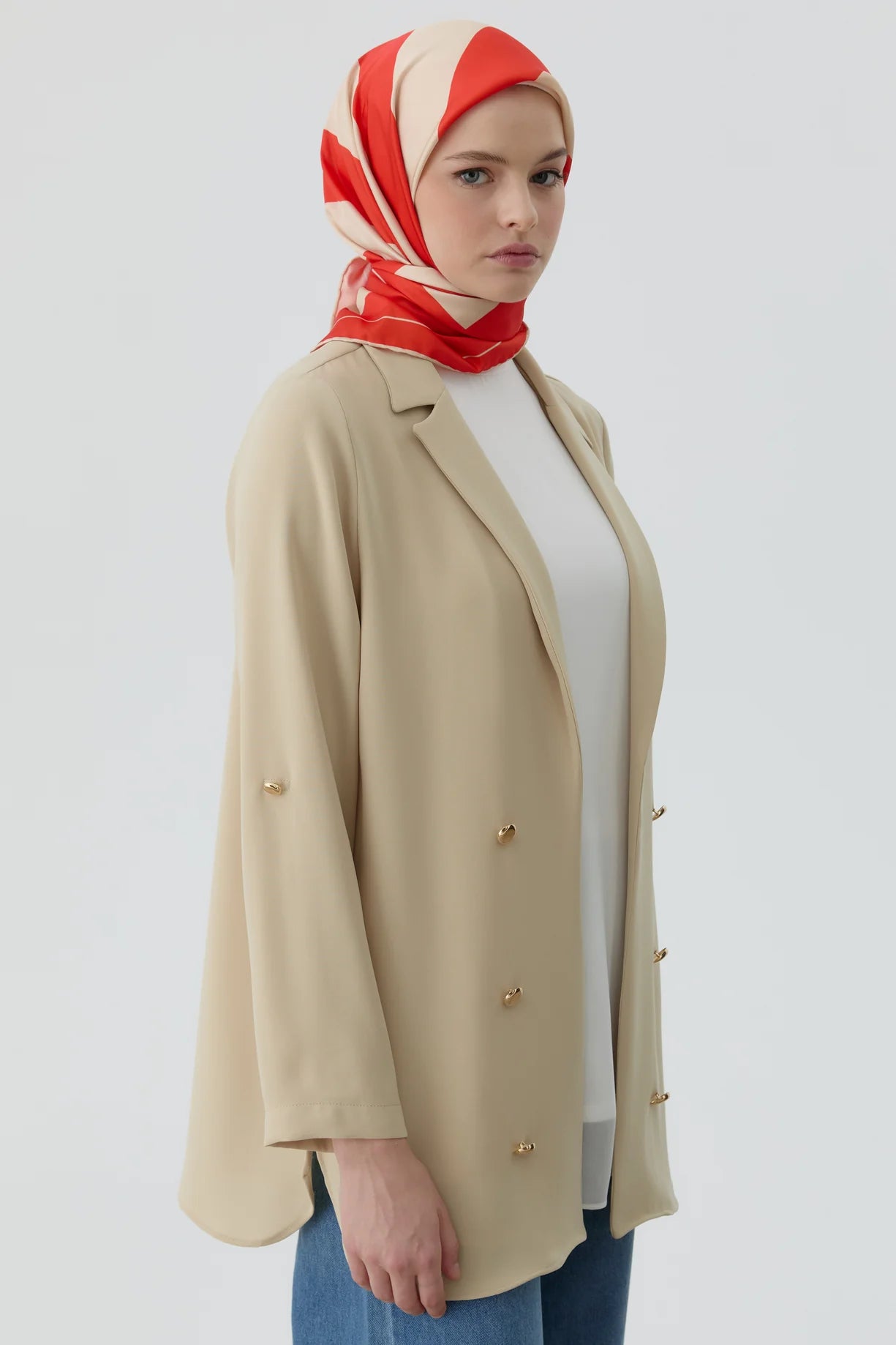 Embroidered Button-Up Jacket with Banded Sleeves