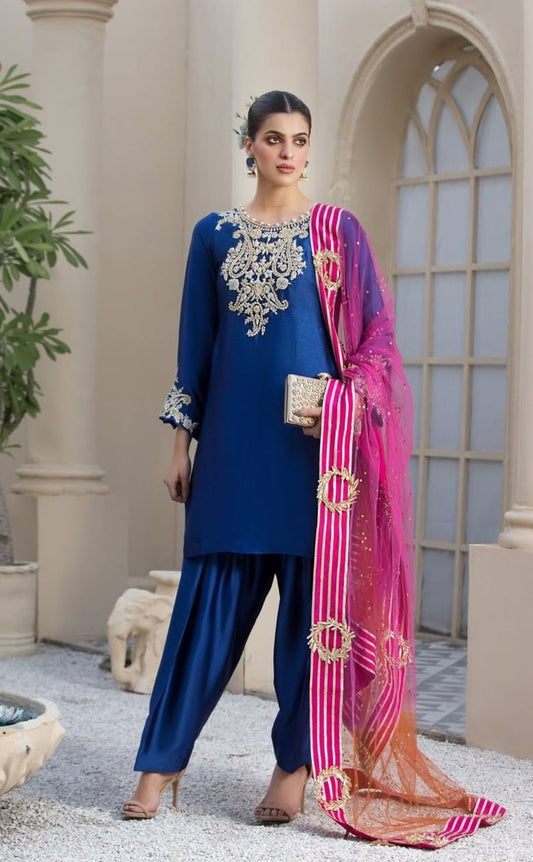 Sapphire Kurta with Gold Details & Colorful Striped Dupatta