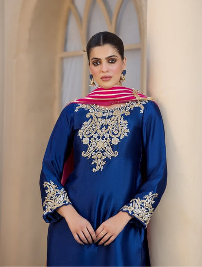Sapphire Kurta with Gold Details & Colorful Striped Dupatta