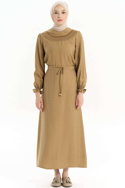 Emerald Raiment Blouse | Skirt Embroidered Detailed Blouse Skirt Set Camel - bf-discount-20 FW '24