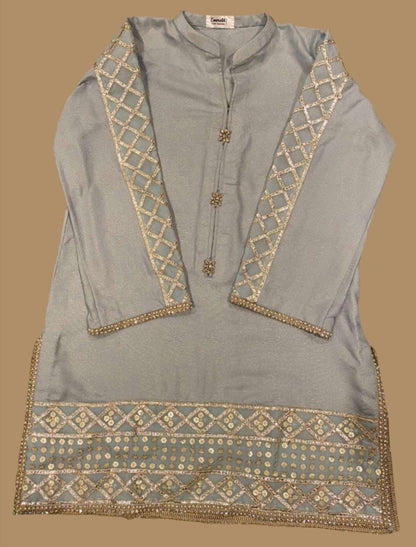 Emerald Raiment Gharara Powder Blue Lace Gharara Set - bf-discount-50 gharara jaquard tan Winter '23 PK Collection