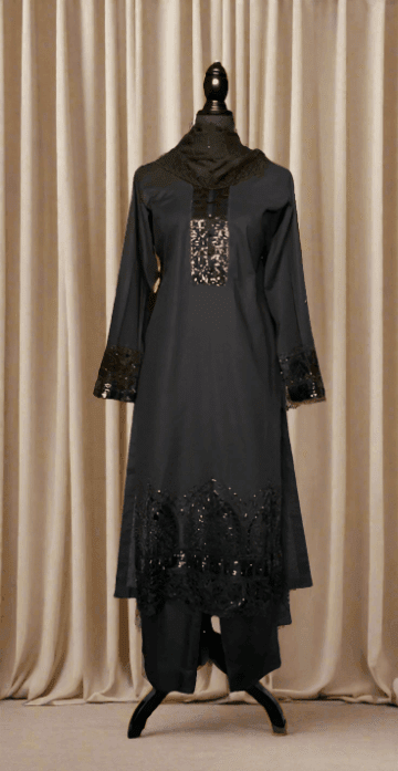 Emerald Raiment Three Piece Suits Midnight Elegance Set - bf-discount-50 black formal jaquard lawn sequins sitara three piece Winter '23 PK Collection