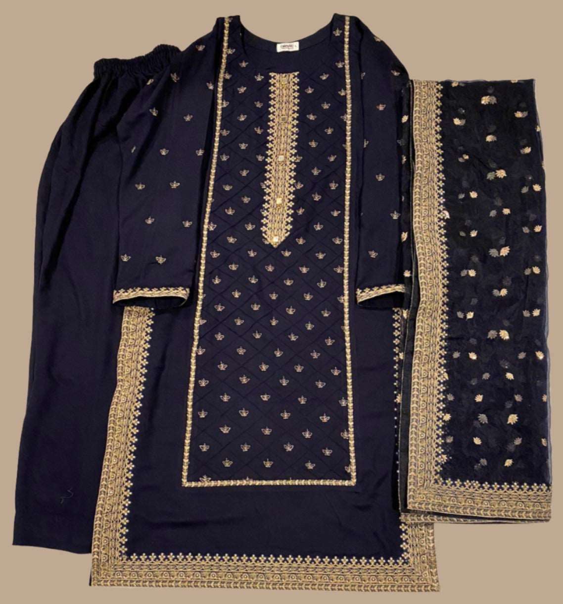Emerald Raiment Three Piece Suits Navy Charm Tilla Embroidered Set - bf-discount-50 embroidered karandi navy three piece tilla Winter '23 PK Collection