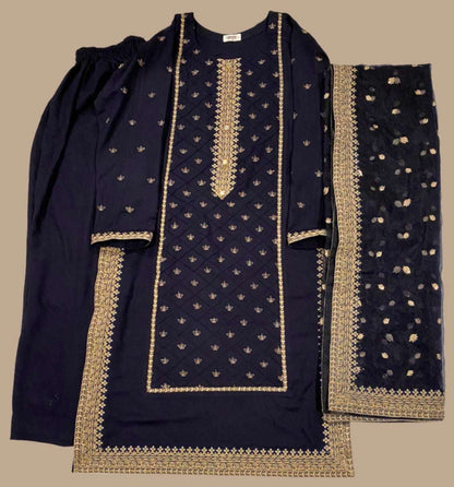 Emerald Raiment Three Piece Suits Navy Charm Tilla Embroidered Set - bf-discount-50 embroidered karandi navy three piece tilla Winter '23 PK Collection