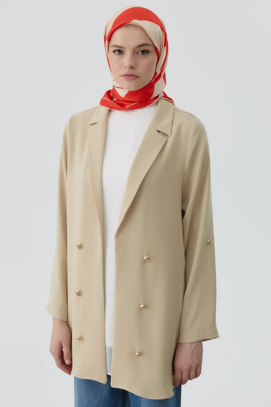 Embroidered Button-Up Jacket with Banded Sleeves